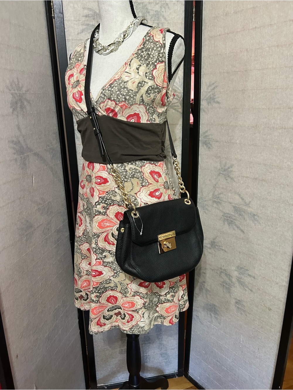Michael Kors Cecilia Black Pebbled Leather Chain Saddle Crossbody Bag Turn Lock